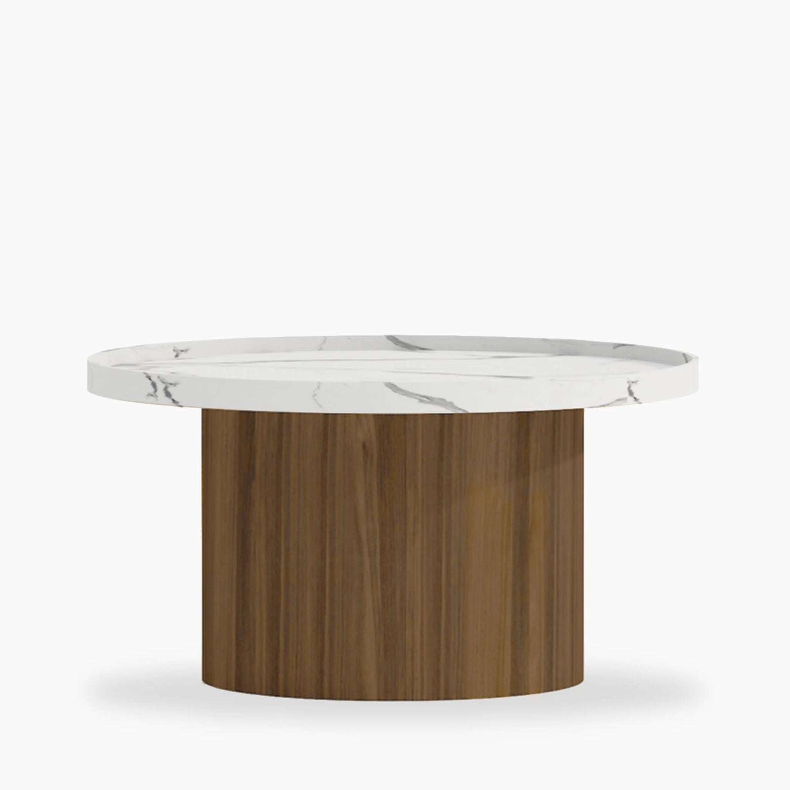 Raya Round Coffee Table | White Marble Effect & Walnut