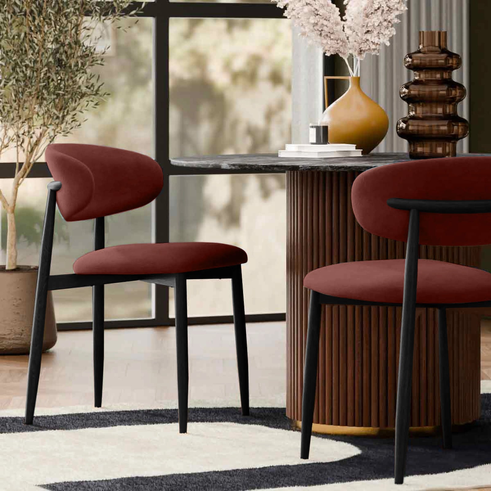 Halston Dining Chair | Rust Red Sustainable Velvet & Black