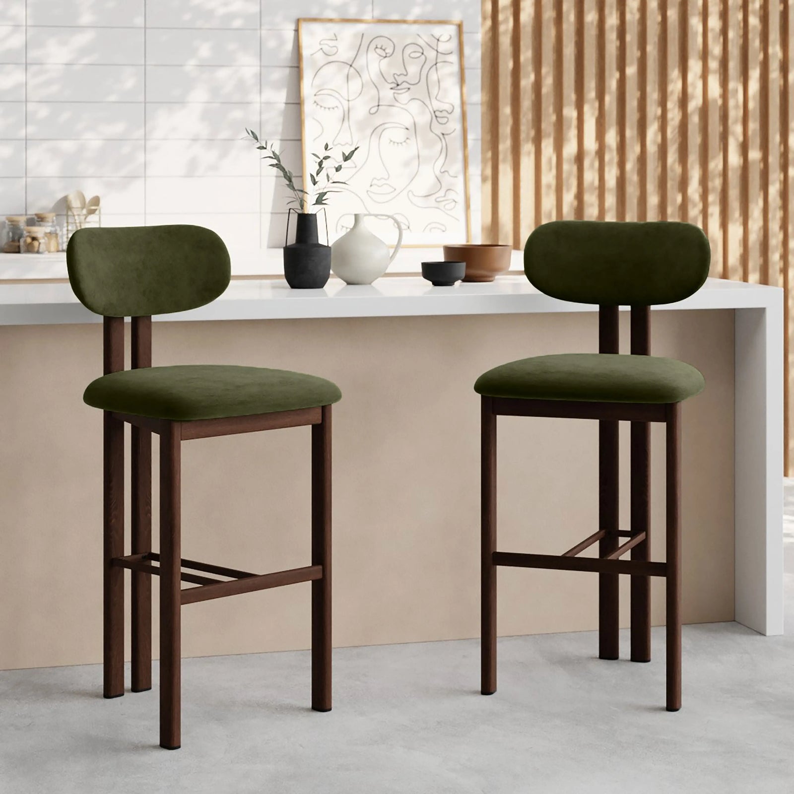 Arbor Bar Stool | Olive Green Sustainable Velvet & Walnut