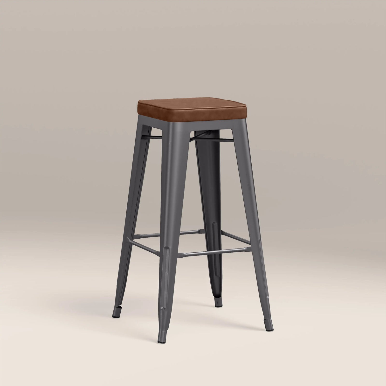 Tolix Style Stackable Bar Stool | Tan Faux Leather & Gunmetal